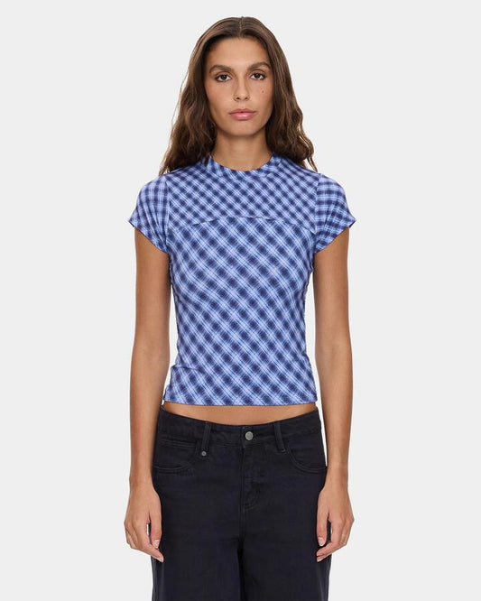 Image of T-Shirts. Product name - Thrills Womens High Speed Check Panelled Club T-Shirt Guardian Navy in Guardian Navy colour by brand - Thrills