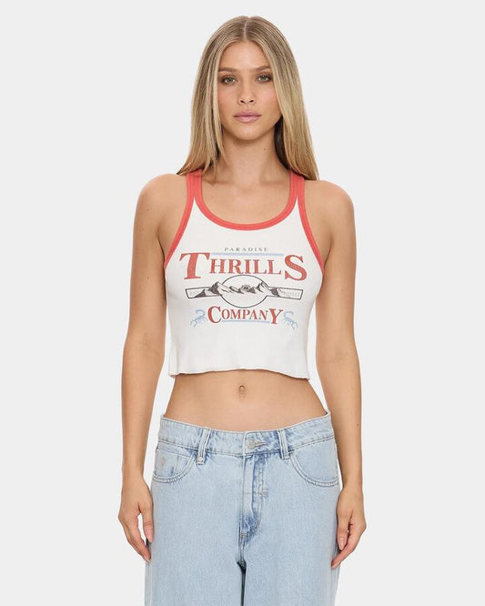 Image of a model wearing Tops. Productname: thrills - Womens Touch The Sky Tank Top - Dirty White - in Dirty White colour by brand - thrills