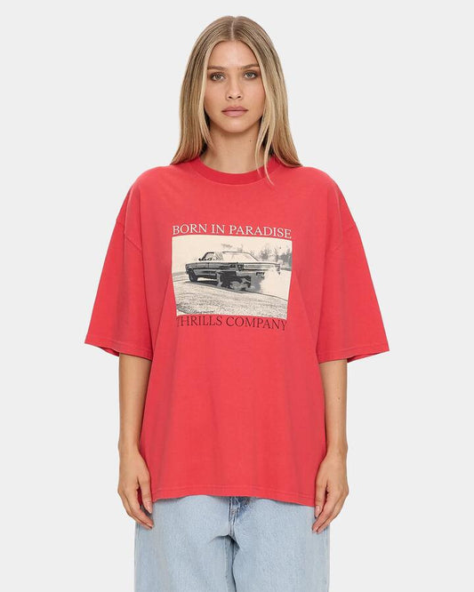 Image of T-Shirts. Productname: thrills Womens Metal And Dust Oversized T-Shirt Flame Red - in Flame Red colour by brand - Thrills