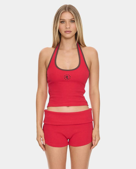 Image of a model wearing Tops. Productname: thrills - Womens Hot Shot Halter Tank Top - Cherry - in Cherry colour by brand - thrills