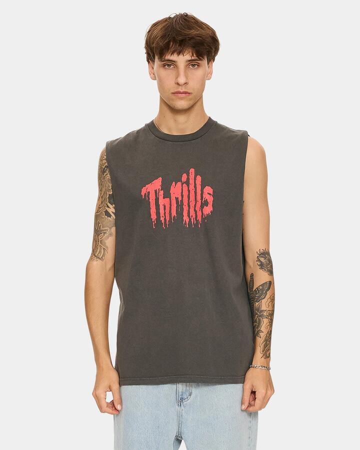 Image of a model wearing Tops. Product name - Thrills Mens One Bitten Twice Shy Muscle Merch Black in Merch Black colour by brand - Thrills