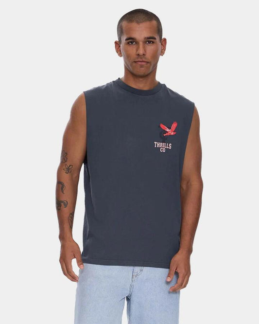 Image of a model wearing Tops. Productname: thrills - Mens Wonder World Muscle - Ebony - in Ebony colour by brand - thrills