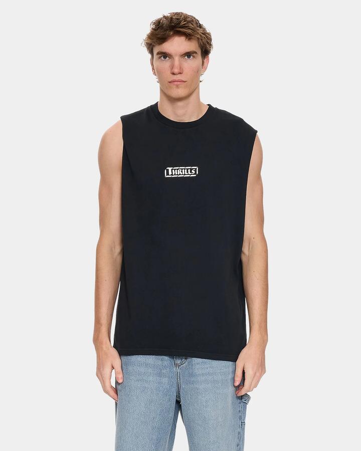 Image of a model wearing Tops. Productname: thrills - Mens Calm State Oversized Muscle - Washed Black - in Washed Black colour by brand - thrills