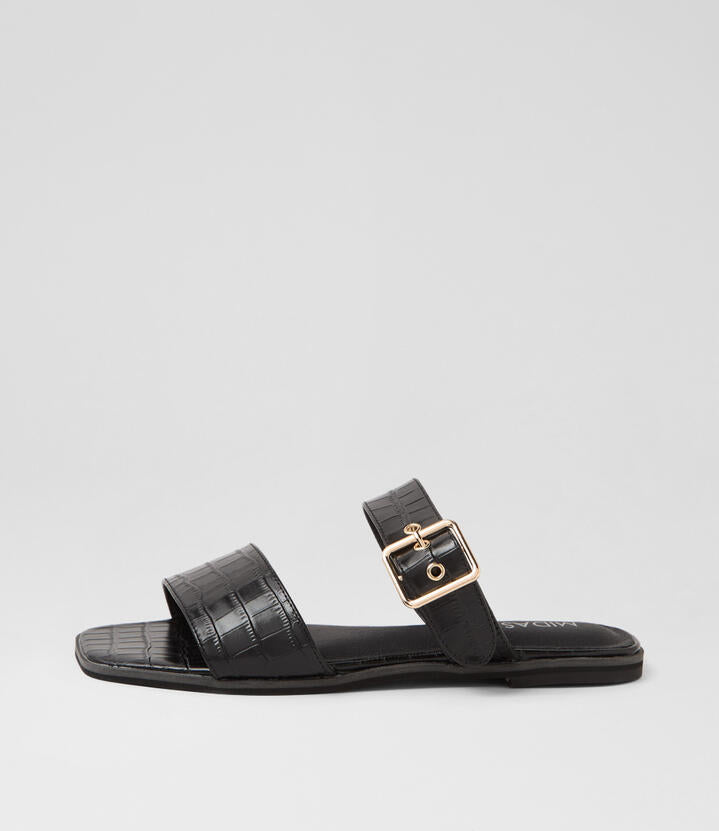 Image of Slippers. Product name - Roven Black Croc Leather Slides in Black colour by brand - MIDAS