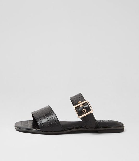 Image of Slippers. Product name - Roven Black Croc Leather Slides in Black colour by brand - MIDAS