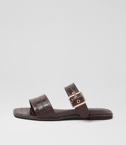 Image of Slippers. Productname: Roven Choc Croc Leather Slides in Choc colour by brand - MIDAS