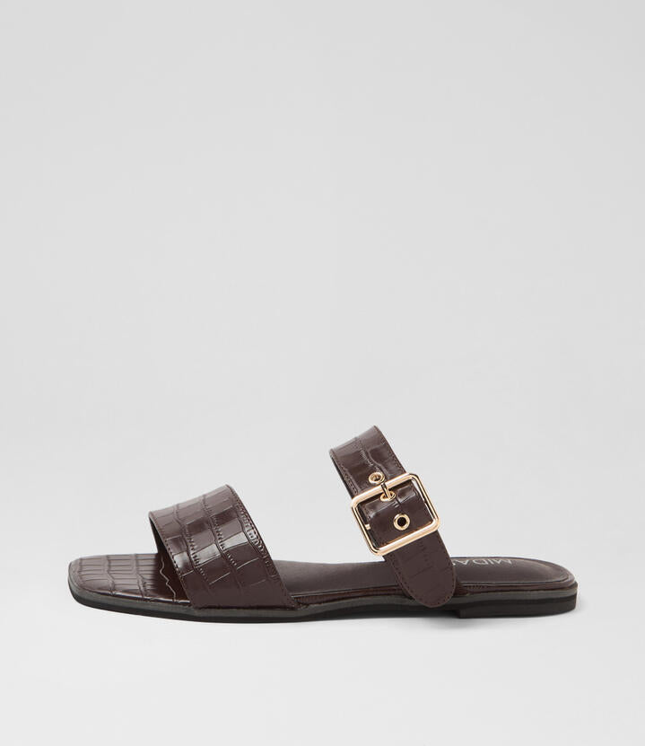 Image of Slippers. Product name - Roven Choc Croc Leather Slides in Choc colour by brand - MIDAS