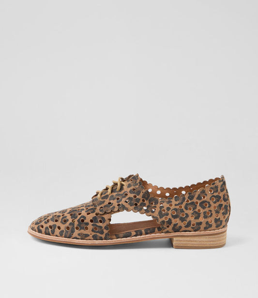 Image of Flats. Productname: Armada Camel Leopard Suede Lace Up Flats in CAMEL LEOPARD colour by brand - MIDAS