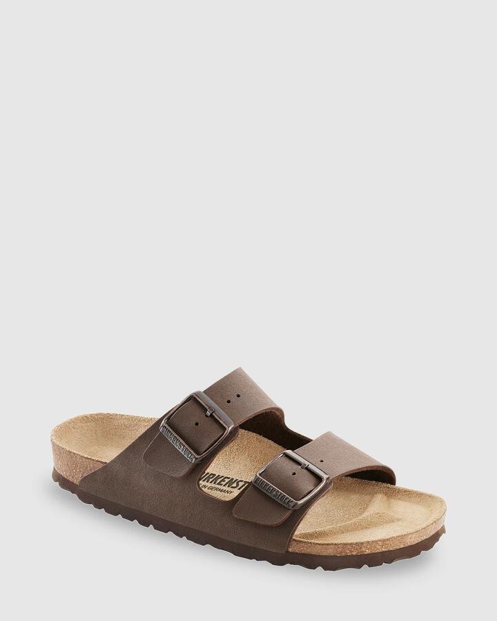 Image of Slippers. Productname: Birkenstock Arizona Birkibuc Narrow Slides Mocca - in Mocca colour by brand - Birkenstock