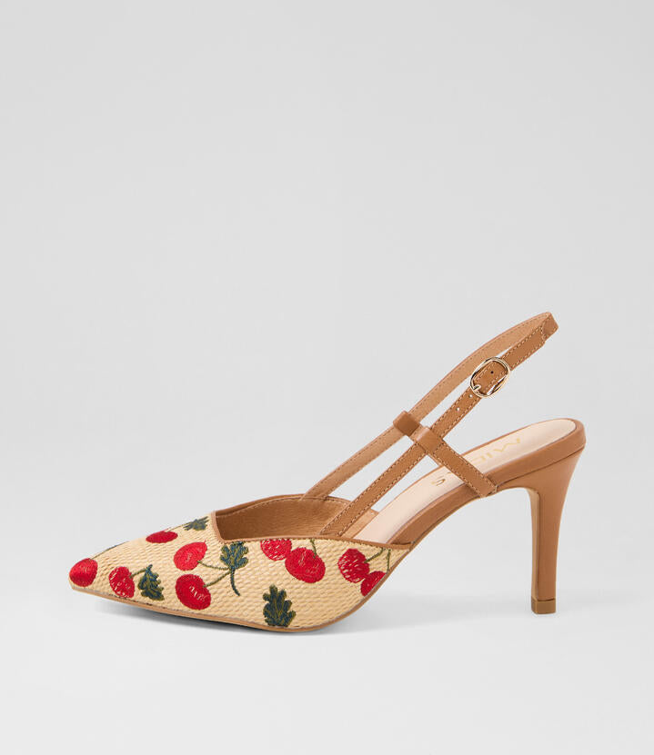 Image of Heels. Productname: Beatrix Natural Cherries Dark Tan Synthetic Raffia Leather Heels in Nat&Cherries-Dk Tan colour by brand - MIDAS