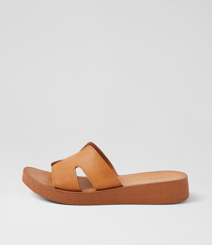 Image of Slippers. Productname: Harpo Tan Leather Slides in TAN-TAN SOLE colour by brand - MIDAS