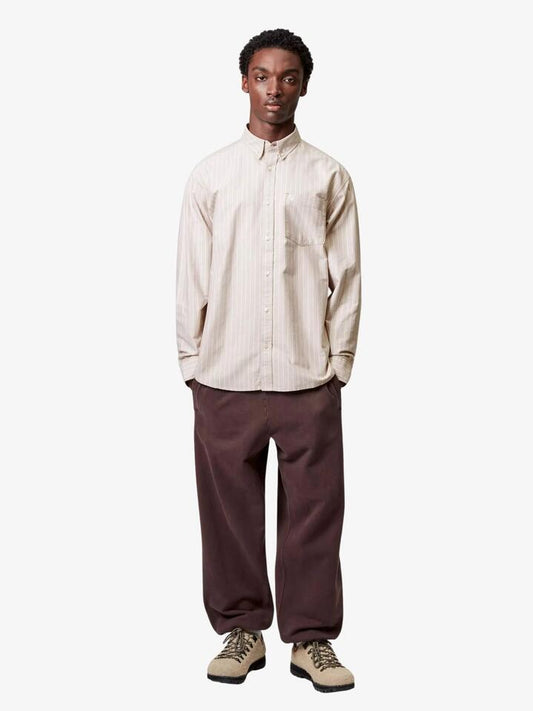 Image of a model wearing Tops. Productname: Carhartt Wip L/S Cassel Shirt in Peanut/White colour by brand - Carhartt Wip