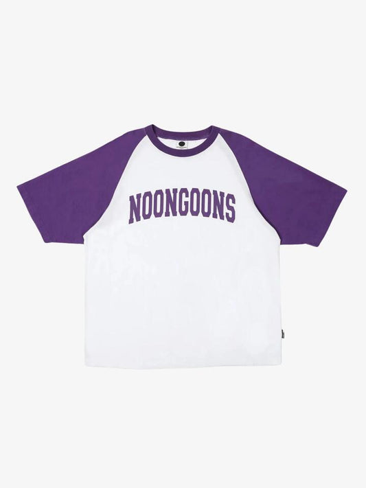 Image of a model wearing Tops. Productname: Noon Goons Gametime Raglan T-Shirt in White/PURPLE colour by brand - Noon Goons