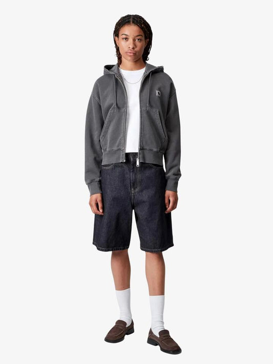 Image of a model wearing Shorts. Productname: Carhartt Wip Women's Brandon Shorts in Blue, Rinsed colour by brand - Carhartt Wip