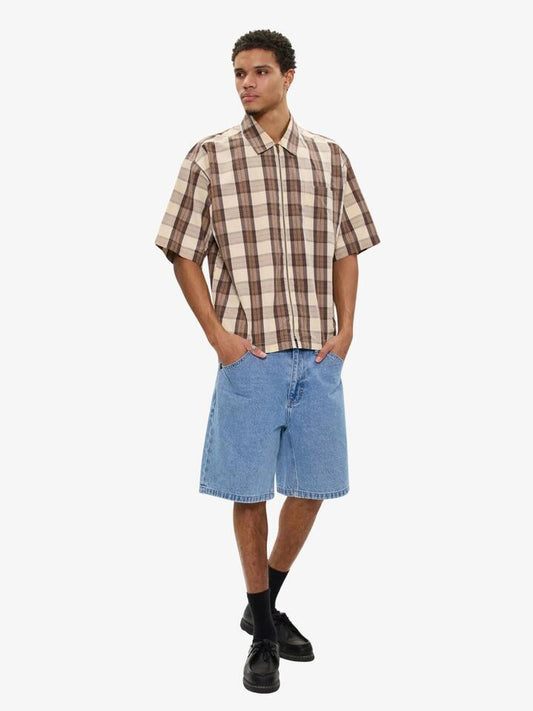 Image of a model wearing Tops. Productname: Abrand Bobby Zip Shirt in Bark Check colour by brand - Abrand