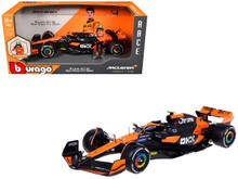 Image of Toy Playsets. Product name - Bburago 1:24 Die-cast F1 McLaren MCL38 2024 w/ Driver Figure #4 Lando Norris in colour by brand - Bburago
