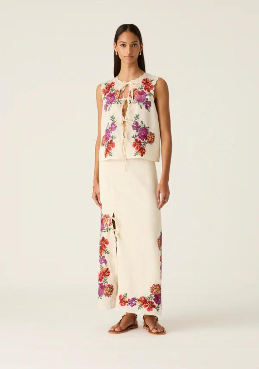Image of a model wearing Skirts. Productname: Frida Embroidery Maxi Skirt in Ivory colour by brand - MOS The Label