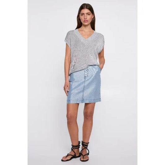 Image of a model wearing Tops. Productname: In The Dark Knit Tank in Silver colour by brand - sass and bide