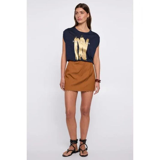 Image of a model wearing Tops. Productname: Metallic Strokes Tee in NAVY colour by brand - sass and bide