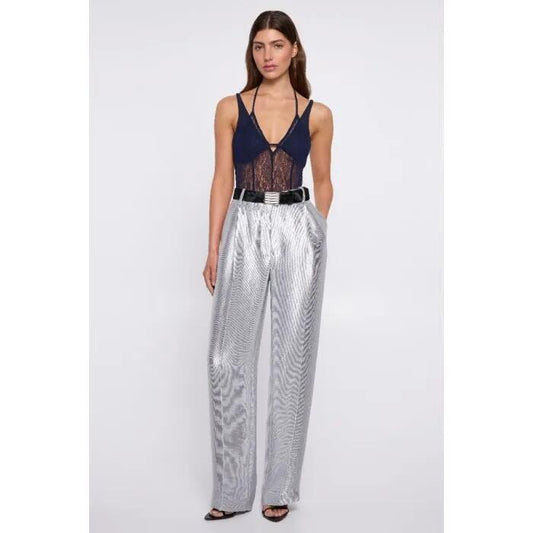 Image of a model wearing Tops. Productname: Amuse Lace Bodysuit in NAVY colour by brand - sass and bide