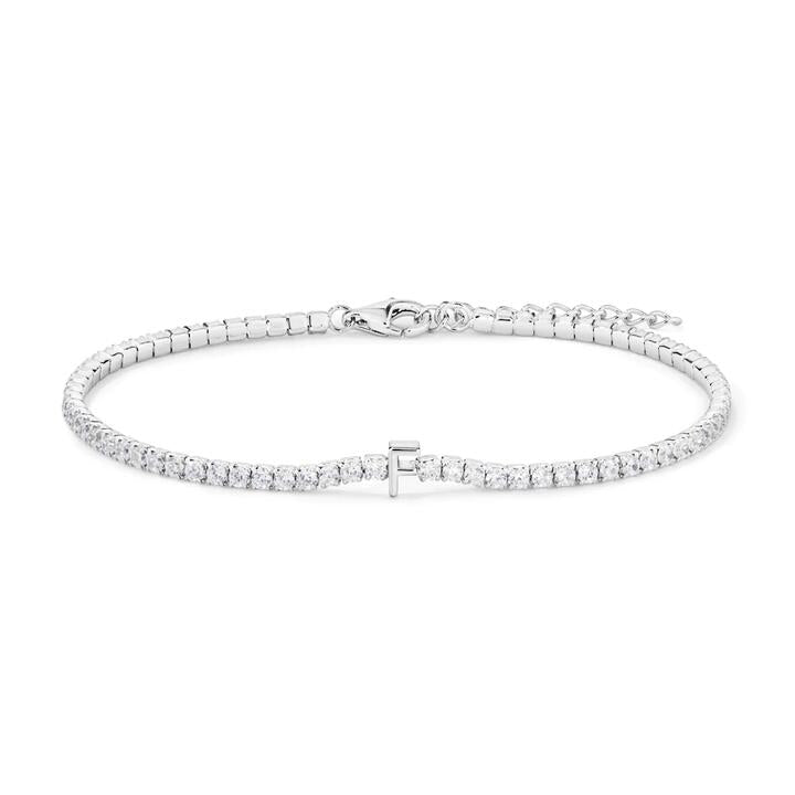 Image of Bracelets. Productname: 20cm Initial F Cubic Zirconia Tennis Bracelet in Sterling Silver in Silver colour by brand - Bevilles
