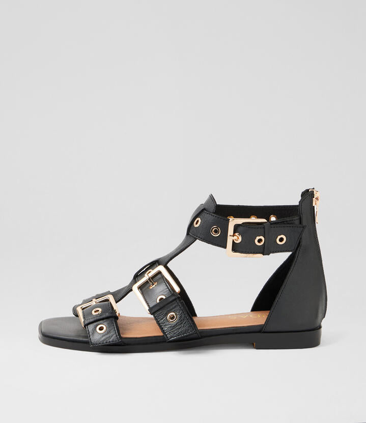 Image of Sandals. Productname: Lopair Black Leather Sandals in BLACK colour by brand - MIDAS