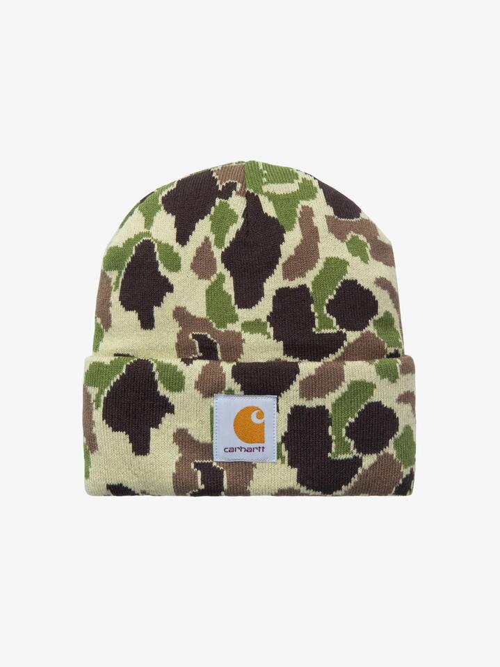 Image of Hats. Productname: Carhartt Wip Camo Duck Beanie ONE SIZE Camo Duck Jacquard, Green in Camo Duck Jacquard, Green colour by brand - Carhartt Wip