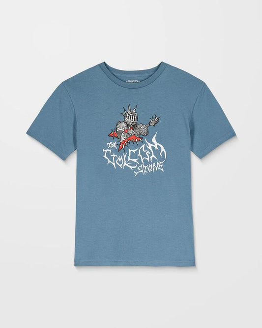 Image of a model wearing Tops. Productname: Volcom Boys 8-16 Spikesnight T-Shirt Blue Wash - in Blue Wash colour by brand - Volcom