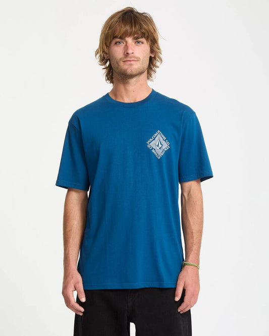 Image of a model wearing Tops. Productname: Volcom Mens Obtical Bsc T-Shirt Cosmic Blue - in Cosmic Blue colour by brand - Volcom