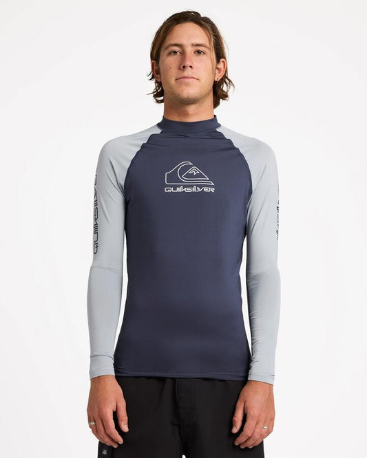 Image of a model wearing Tops. Productname: Quiksilver - Mens On Tour Long Sleeve Rash Vest - India Ink - in India Ink colour by brand - Quiksilver