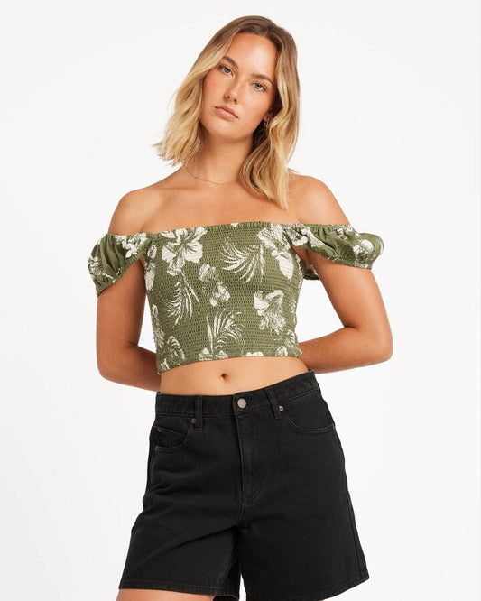 Image of a model wearing Tops. Productname: Volcom - Womens Vroom Service Top - Moss Stone - in Moss Stone colour by brand - Volcom