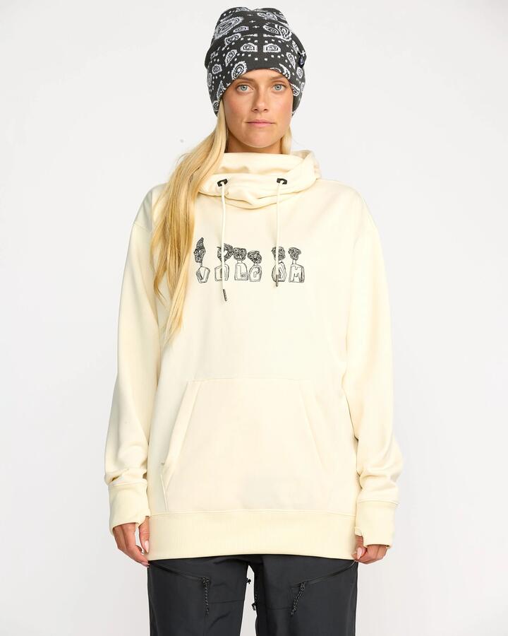 Image of a model wearing Outerwear. Product name - Volcom Womens Riding Hydro Pullover Hoodie Bone in Bone colour by brand - Volcom
