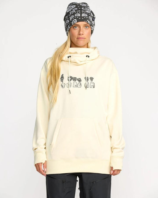 Image of a model wearing Outerwear. Product name - Volcom Womens Riding Hydro Pullover Hoodie Bone in Bone colour by brand - Volcom