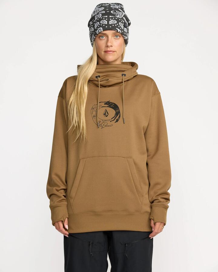 Image of a model wearing Outerwear. Productname: Volcom - Womens Riding Hydro Pullover Hoodie - Bronze - in Bronze colour by brand - Volcom