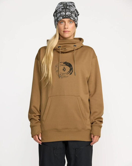 Image of a model wearing Outerwear. Productname: Volcom - Womens Riding Hydro Pullover Hoodie - Bronze - in Bronze colour by brand - Volcom