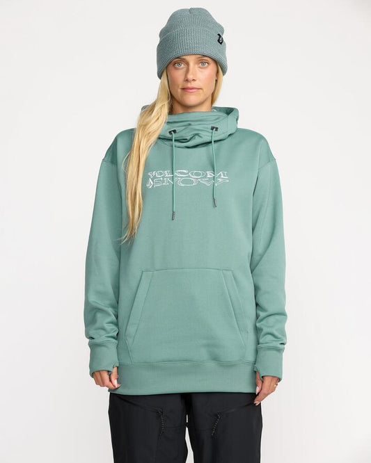 Image of a model wearing Outerwear. Productname: Volcom - Womens Riding Hydro Pullover Hoodie - Arctic Blue - in Arctic Blue colour by brand - Volcom