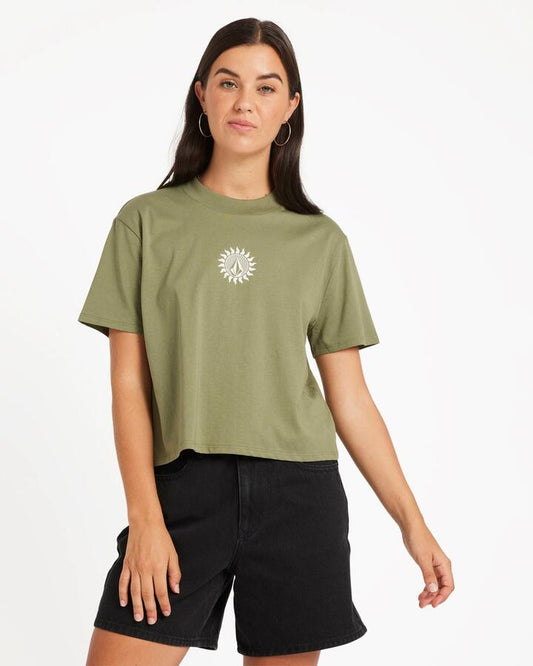 Image of T-Shirts. Product name - Volcom Womens Dial Crop T-Shirt Moss Stone in Moss Stone colour by brand - Volcom