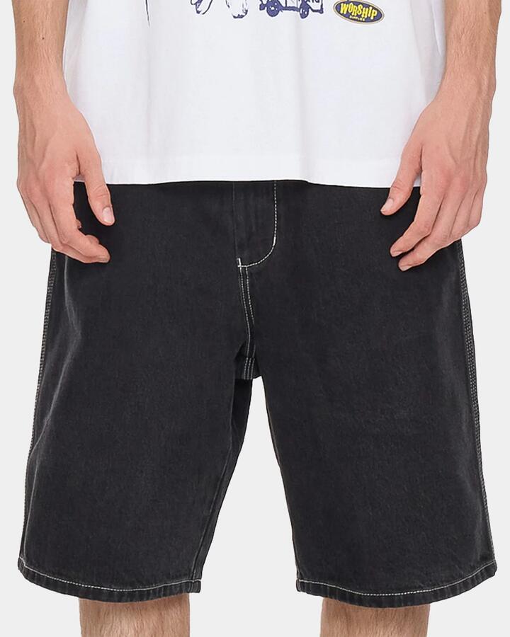 Image of a model wearing Shorts. Productname: worship - Mens Big Dawg Denim Shorts - Washed Black - in Washed Black colour by brand - worship