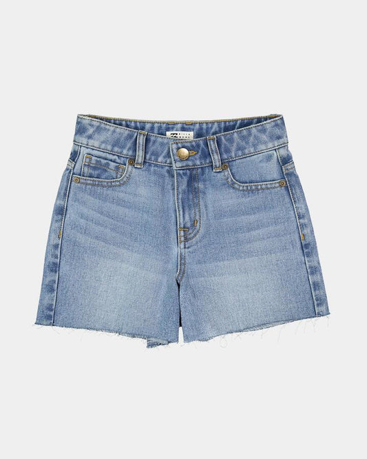 Image of a model wearing Shorts. Productname: Billabong Girls 6-14 Miley Denim Shorts Faded Indigo Fray - in Faded Indigo Fray colour by brand - Billabong