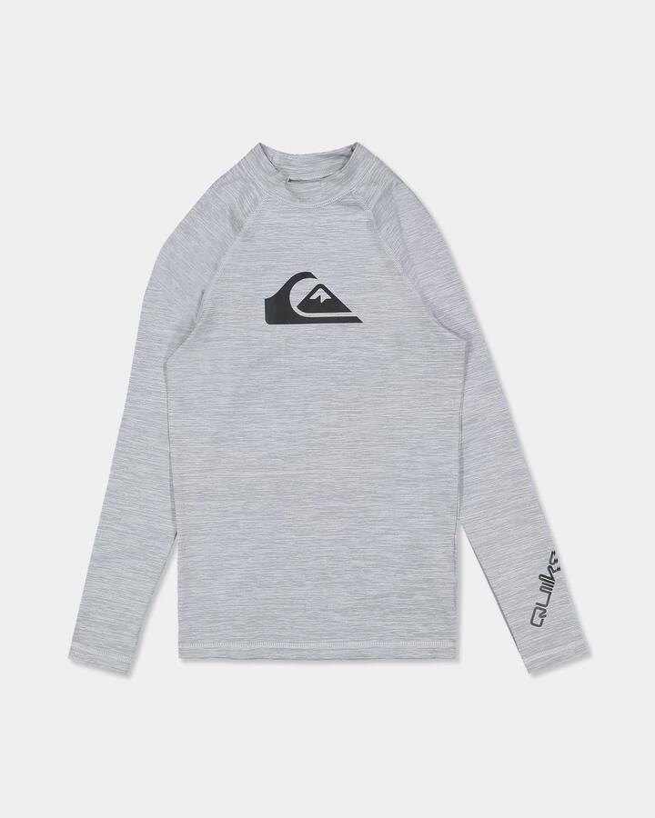 Image of a model wearing Tops. Product name - Quiksilver Boys 8-16 All Time Long Sleeve Rash Vest Quarry Heather in Quarry Heather colour by brand - Quiksilver