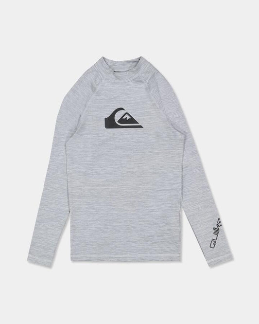 Image of a model wearing Tops. Product name - Quiksilver Boys 8-16 All Time Long Sleeve Rash Vest Quarry Heather in Quarry Heather colour by brand - Quiksilver