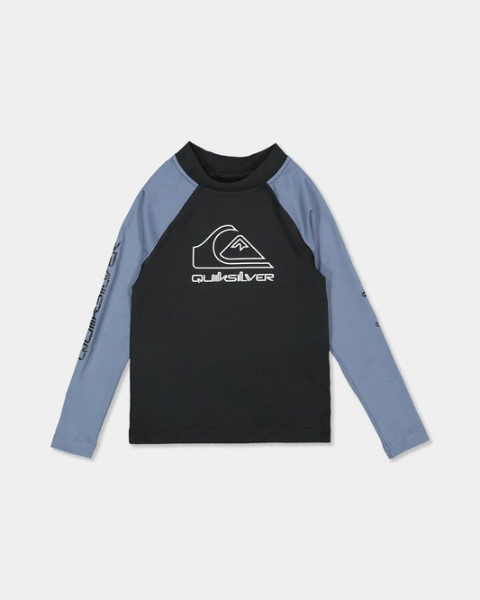 Image of a model wearing Tops. Productname: Quiksilver Boys 2-7 On Tour Long Sleeve Rash Vest China Blue - in China Blue colour by brand - Quiksilver