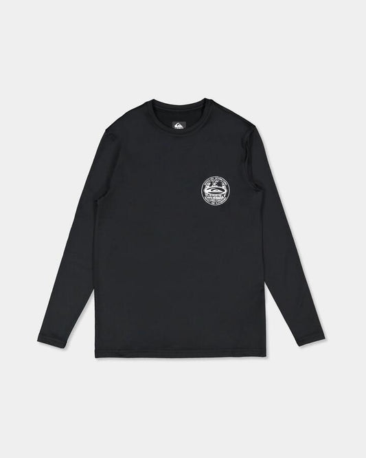 Image of a model wearing Tops. Product name - Quiksilver Boys 8-16 Long Sleeve Surf Shirt Black in Black colour by brand - Quiksilver