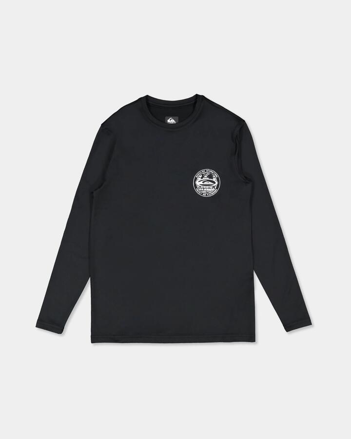 Image of a model wearing Tops. Product name - Quiksilver Boys 8-16 Long Sleeve Surf Shirt Black in Black colour by brand - Quiksilver