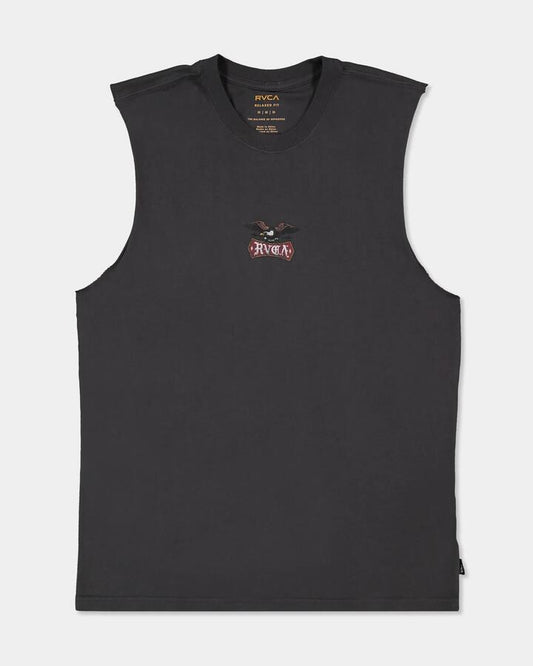 Image of a model wearing Tops. Product name - RVCA Mens Eagle Muscle Washed Black in Washed Black colour by brand - RVCA