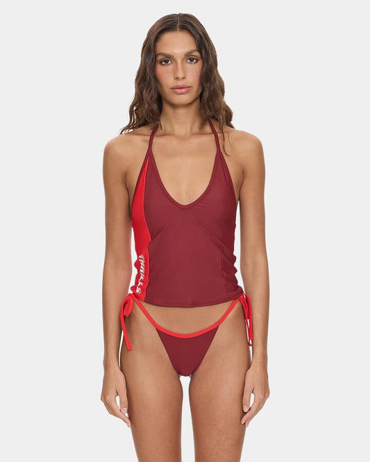 Image of a model wearing Tops. Productname: thrills - Womens Flash Back Halter Tank Top - Garnet Red - in Garnet Red colour by brand - thrills