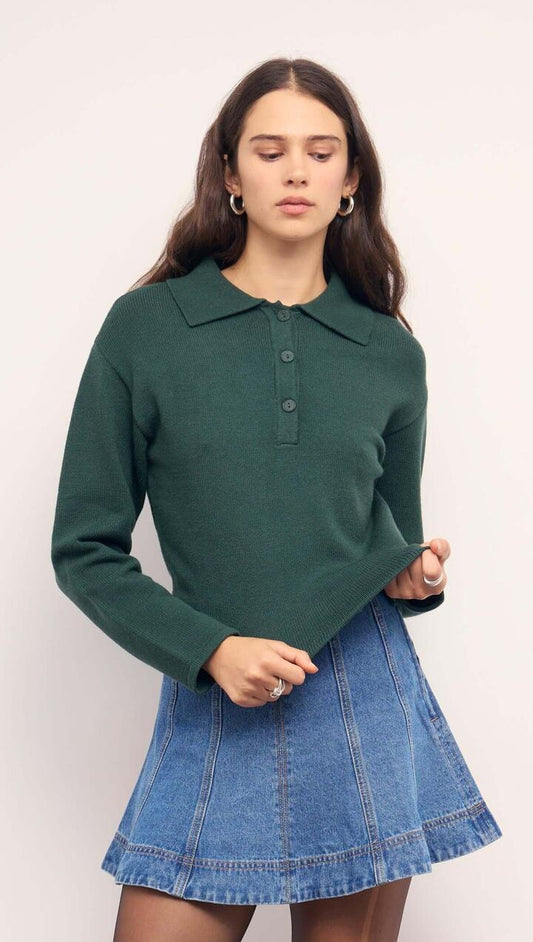 Image of a model wearing Outerwear. Product name - Teal Green Knit Polo Sweater in Teal colour by brand - MINKPINK