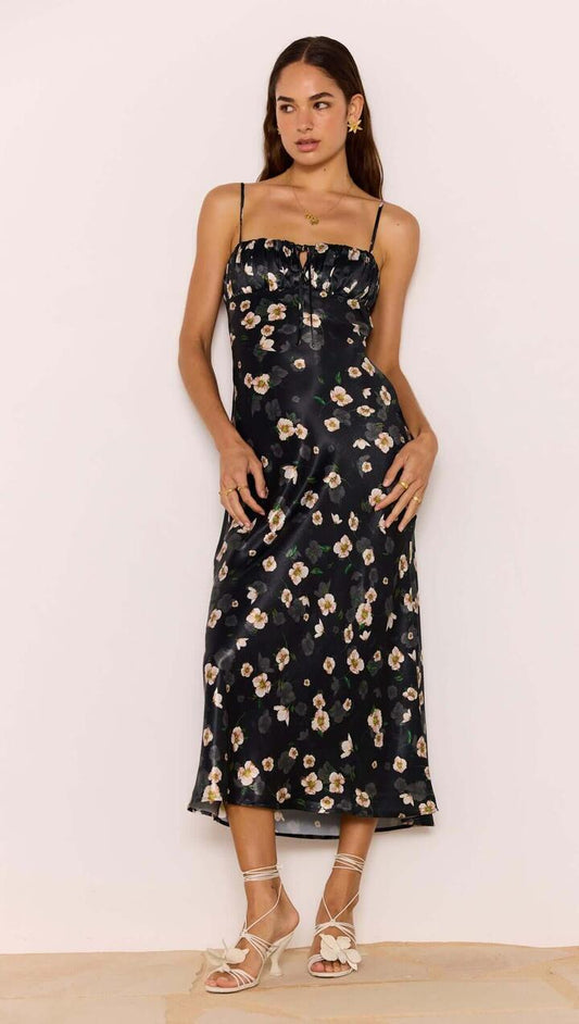 Image of Dresses. Product name - Black Floral Bias Midi Dress in Floral/Black colour by brand - MINKPINK