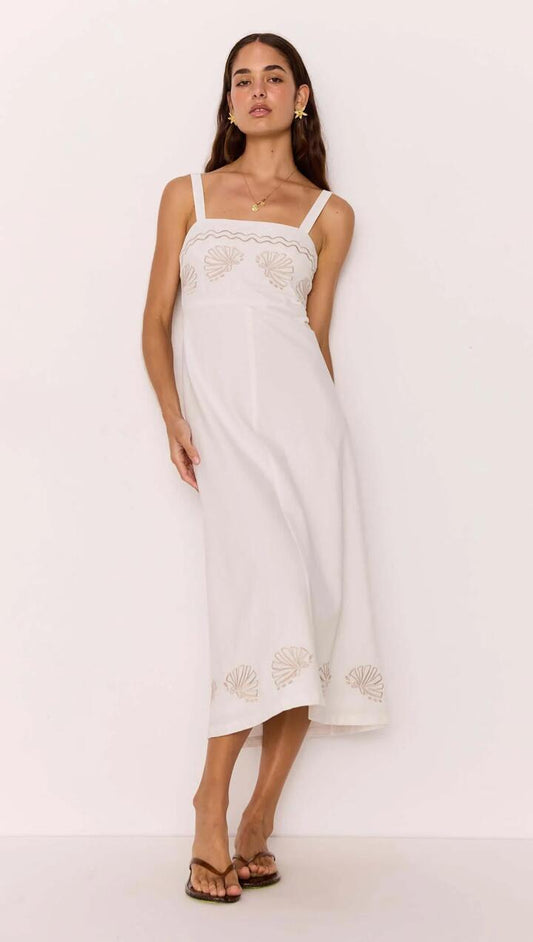 Image of Dresses. Product name - White Midi Dress with Embroidered Shell Detail in White colour by brand - MINKPINK