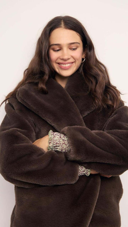 Image of Coats & Jackets. Product name - Brown Faux Fur Coat in Ash Brown colour by brand - MINKPINK